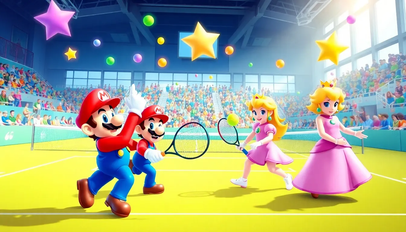Mario and friends playing tennis in a vibrant stadium.